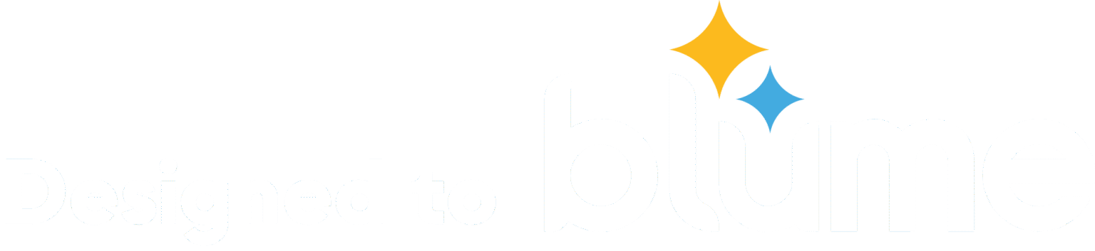 White background with the words "Designed to blume" in white, with "blume" in larger font. Above the “u” and “m” in "blume" are one yellow and one blue diamond-shaped star icon.
