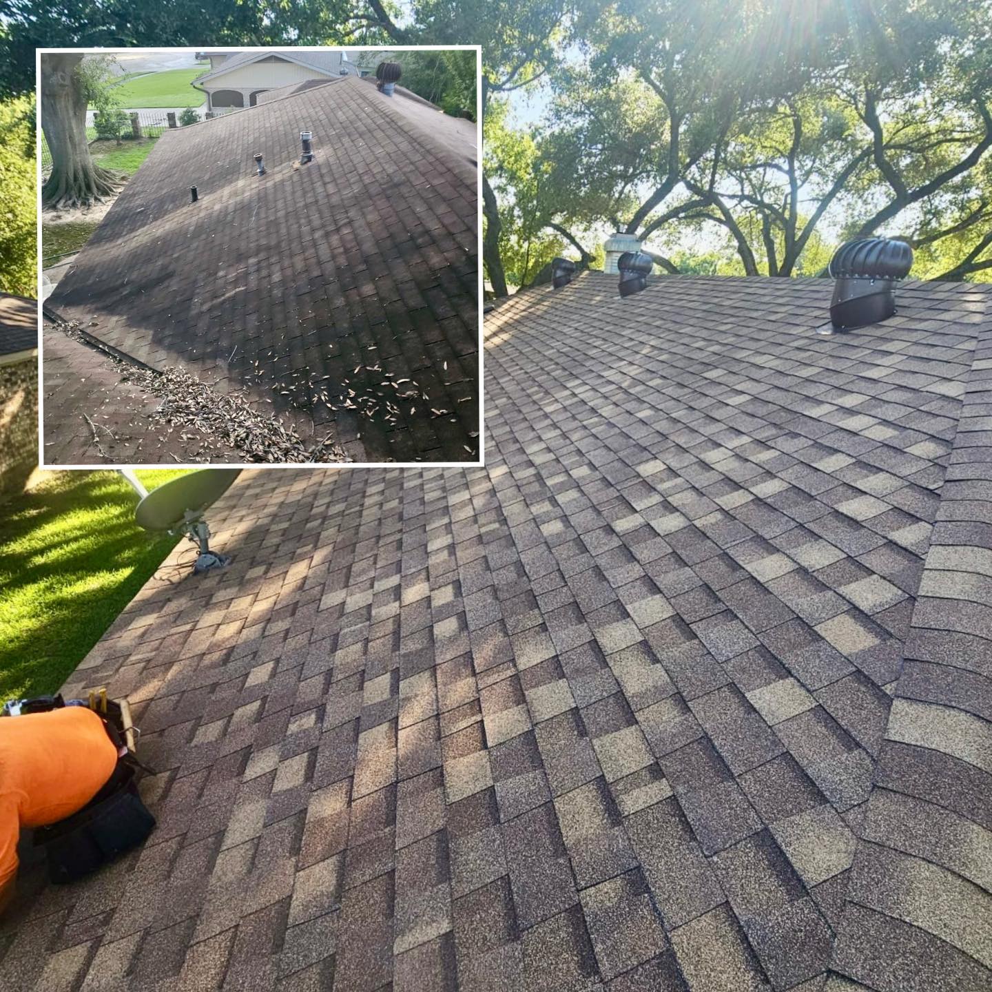 A composite image shows a roof before and after shingle replacement. The main image displays a pristine, newly shingled roof under a sunny sky with lush trees around it. The inset reveals signs of roof damage, showcasing the same roof in disrepair with worn and broken shingles scattered about.