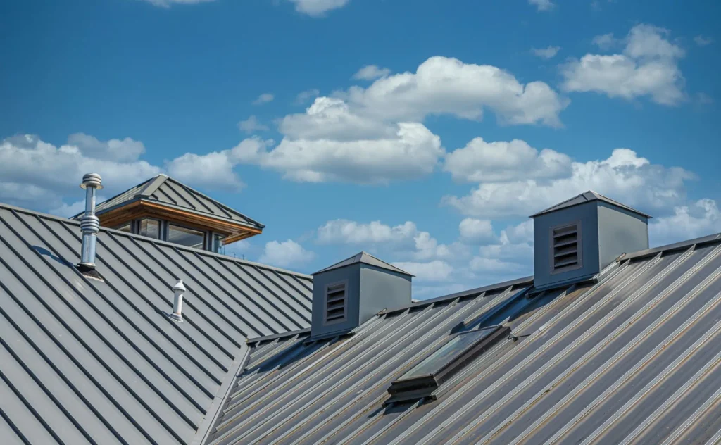 A metal roof with several peaked vents and skylights under a bright blue sky with scattered white clouds showcases the benefits of metal roofs over shingles. The roof features modern, clean lines with a grey finish, enhancing both durability and aesthetic appeal.